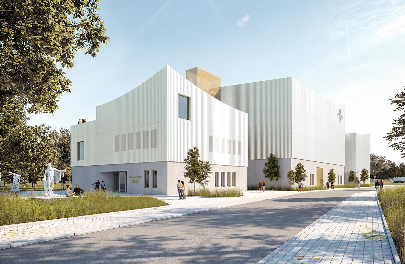 Exterior view of the Art Depot Fulda, featuring a modern, light-toned façade with gently curved volumes and vertical cladding surrounded by trees and pathways.
