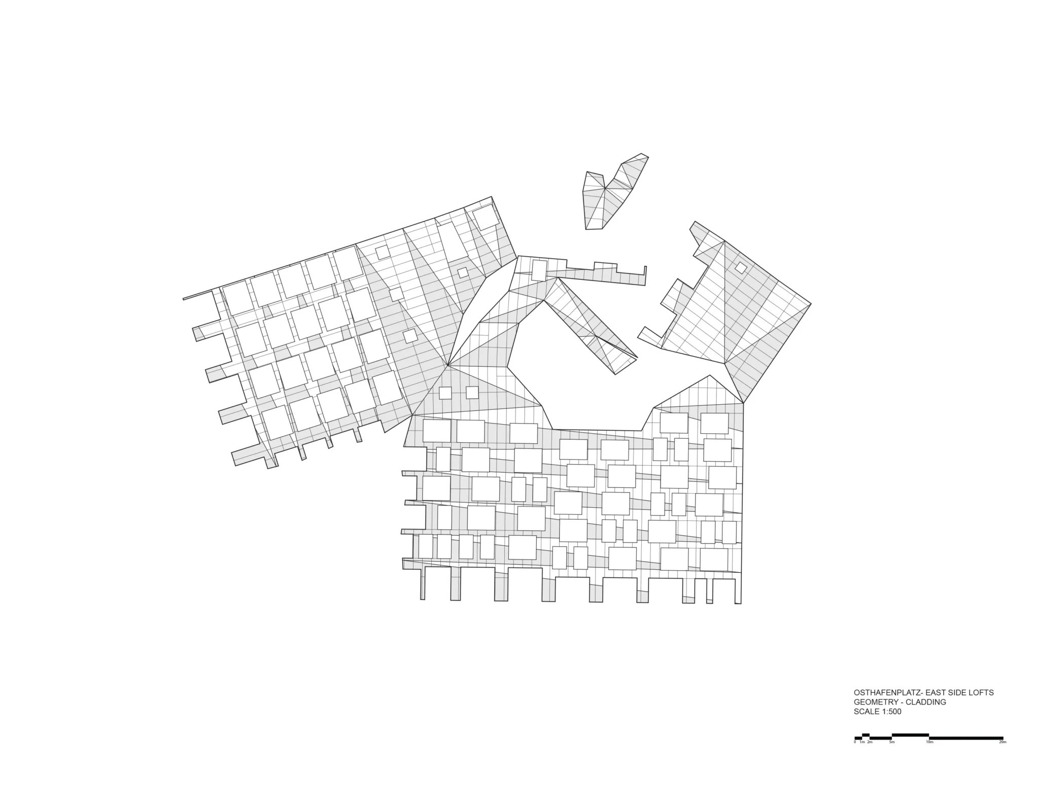 Architectural floor plan of the Main East Side Lofts showing the building’s dynamic geometric rooflines and structural layout in fine linework.