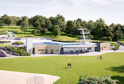 Rendering of the Mühltalbad swimming complex surrounded by green parkland, showing the modern circular pool pavilion with diving platforms and landscaped terraces.