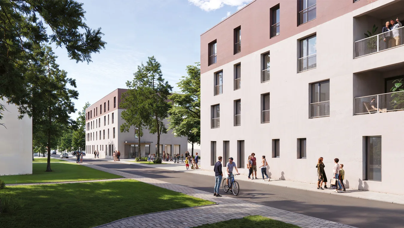 Rendering of the Kleine Weide multi-residential development, showing modern low-rise buildings with balconies, tree-lined walkways, and residents walking and cycling through a landscaped neighborhood.