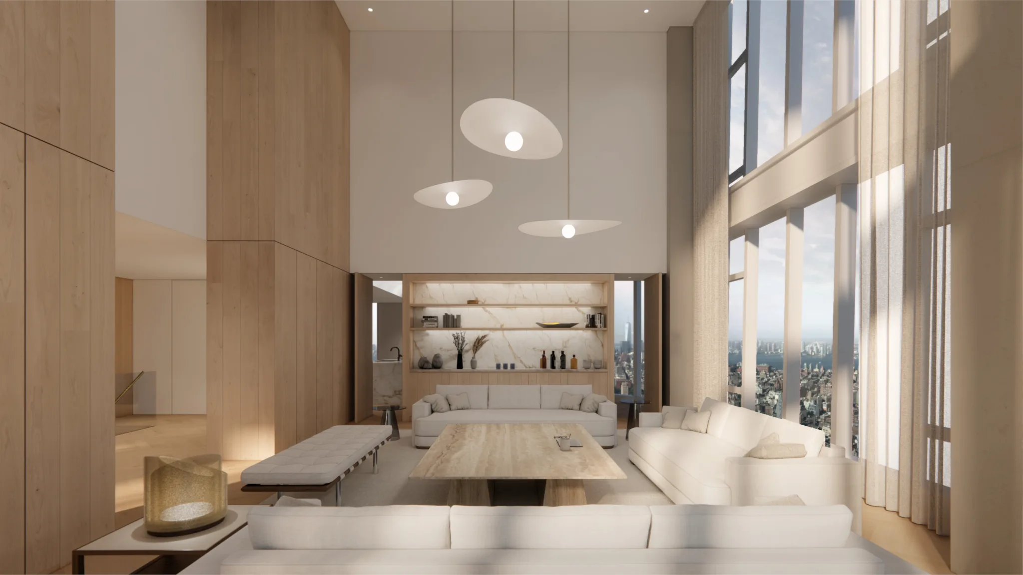 Double-height NYC penthouse interior with warm wood paneling, expansive windows, and custom furnishings