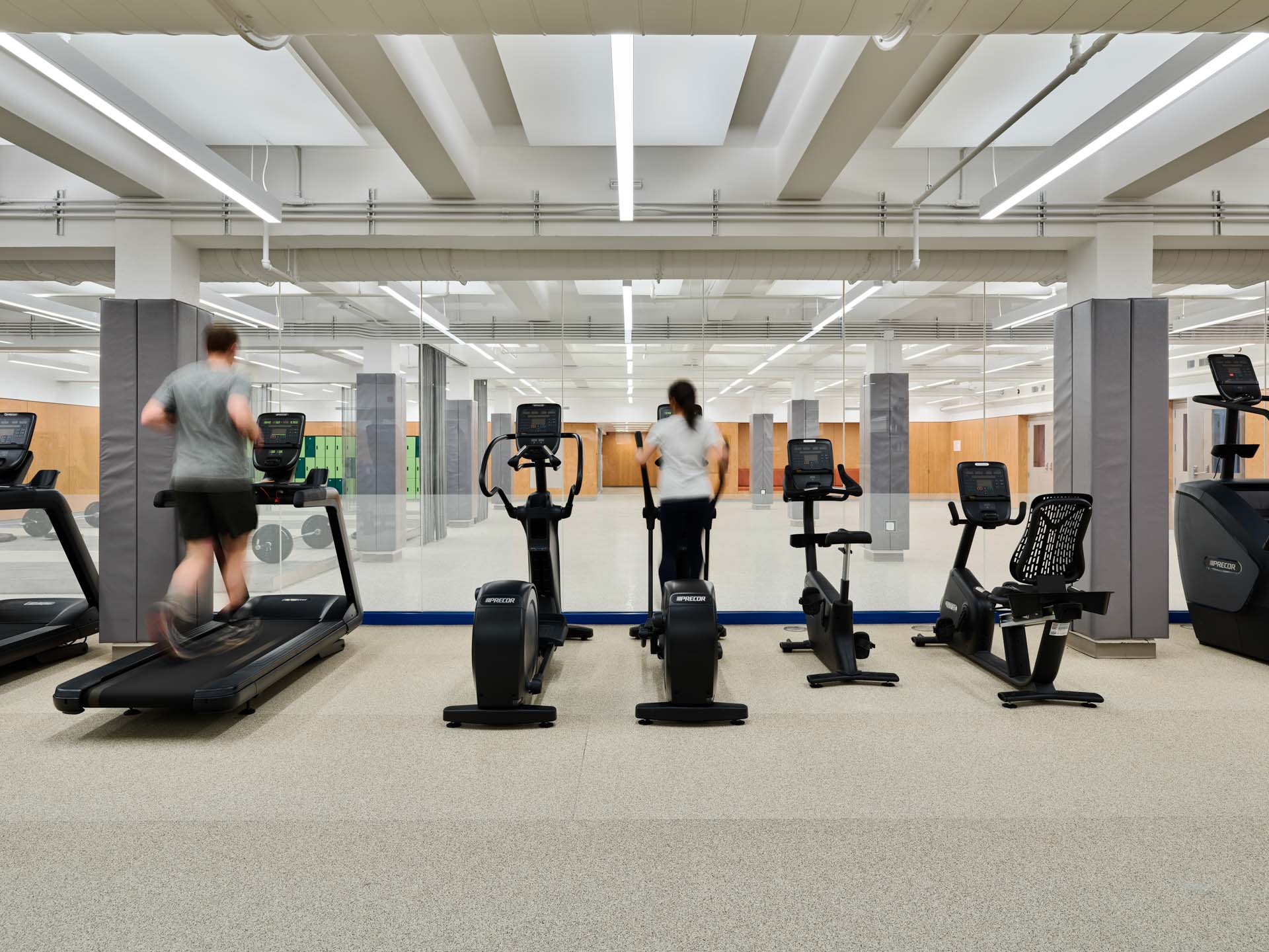 Cardio equipment room with treadmills and ellipticals in renovated NYC Parks community recreation center.